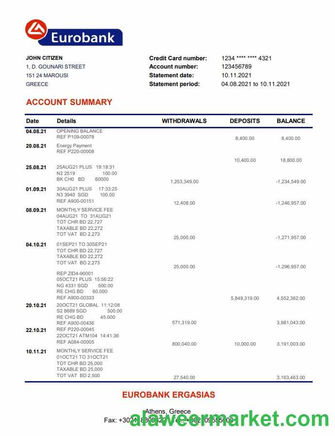 Greece Eurobank Ergasias bank statement easy to fill template in Excel and PDF format